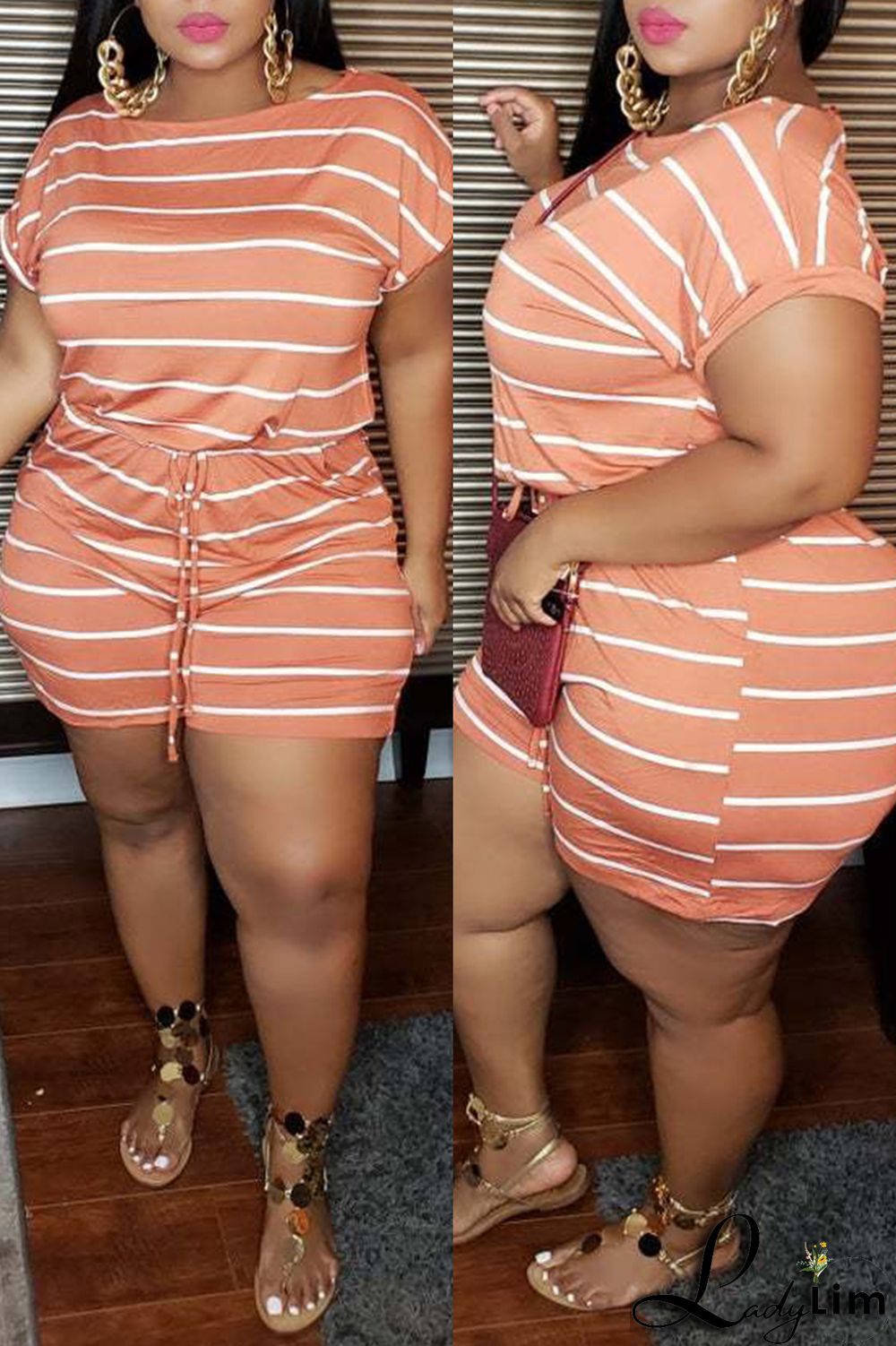 Blue Fashion Casual Striped Print Basic O Neck Plus Size Jumpsuits