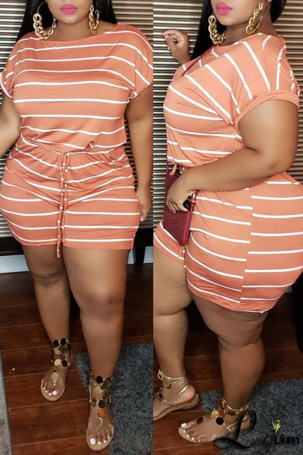 Blue Fashion Casual Striped Print Basic O Neck Plus Size Jumpsuits