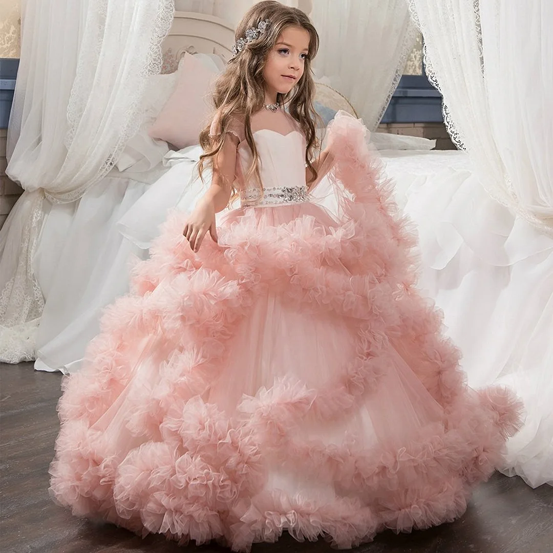 Girls Wedding Dress Kids Princess Dress Little Girl Ball Gown Clothes Baby Floor Satin Dresses 