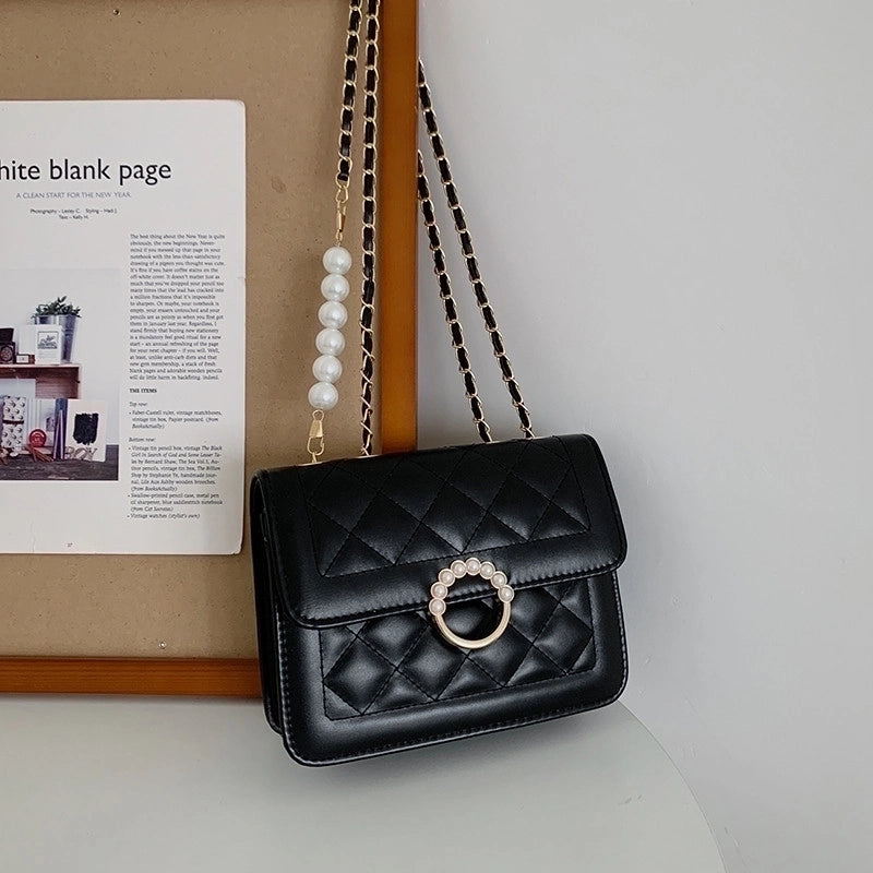 Women’s Small Pu Leather Lingge Fashion Pearl Square Magnetic Buckle Crossbody Bag