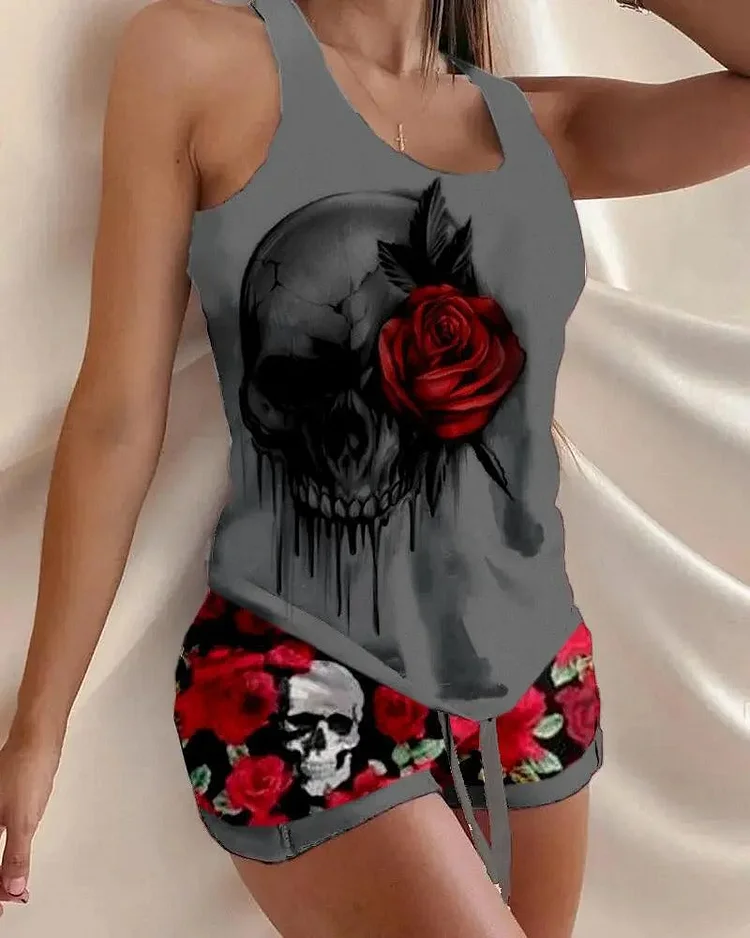 Halloween Skull Rose Print Drawstring Pajamas Set