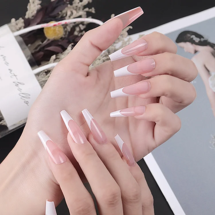Long ballet French manicure round French manicure flat head manicure wear trapezoidal coffin nail solid color manicure patch fake nails