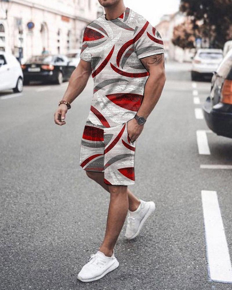 Men's Red Split-joint Printed Shorts Suit