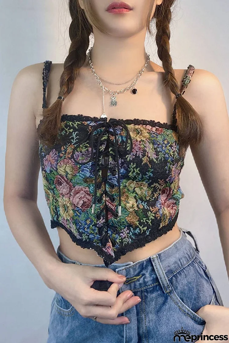 Vintage-print Crochet Corset Tube Top