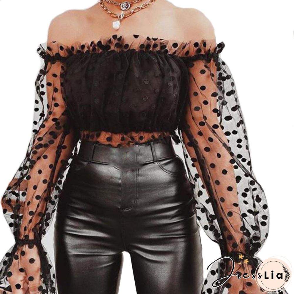 Womens Spring Autumn Casual Polka Dots Print Mesh Patchwork Puff sleeve t-shirt fairy lady