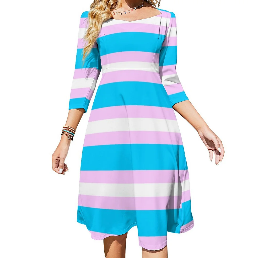 Transgender Pride Flag Pink Blue White Stripe Dress Sweetheart Tie Back Flared 3/4 Sleeve Midi Dresses