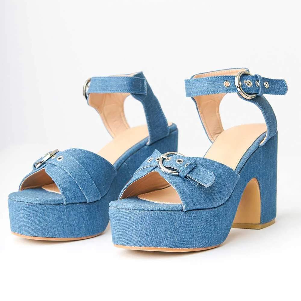 Blue Denim Round Toe Chunky Heel Ankle Strap Sandals with Platform
