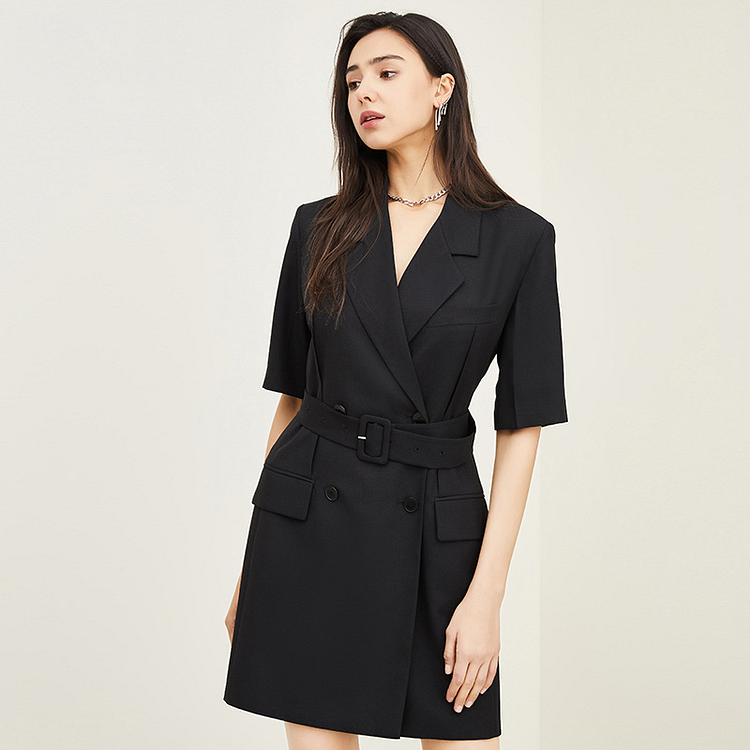Double Breasted Belted Waist Suit Dress