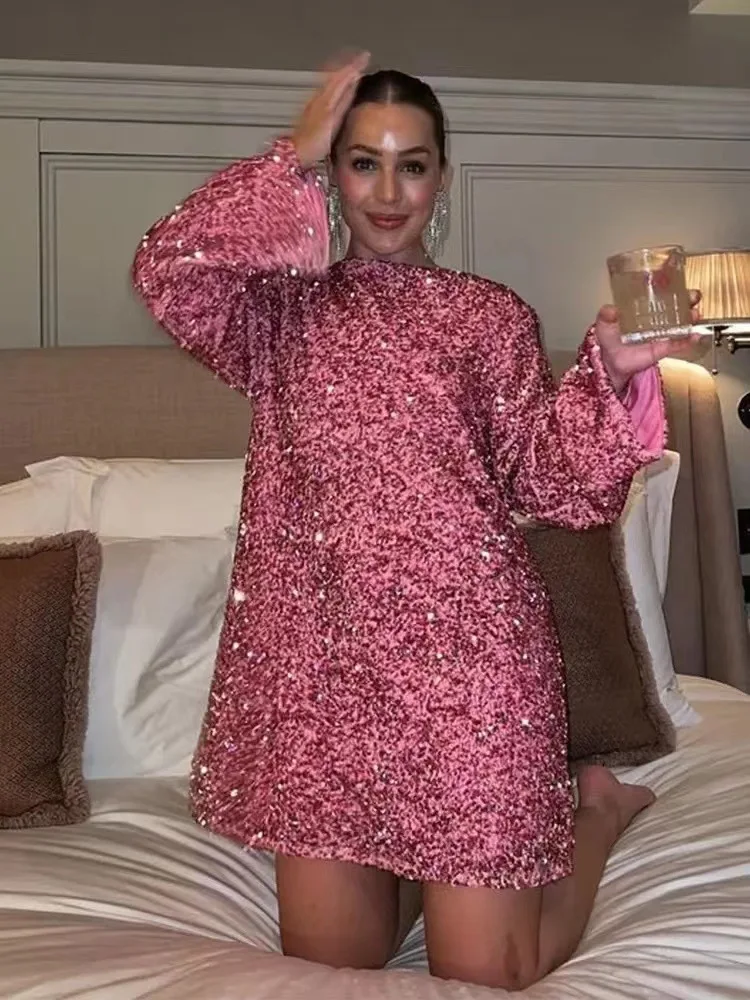 2025 Autumn Winter Long Sleeves Loose Casual Party Dresses Women Sexy Bow Dress Lace Up Hollow Out Sequin Mini Female Dresses