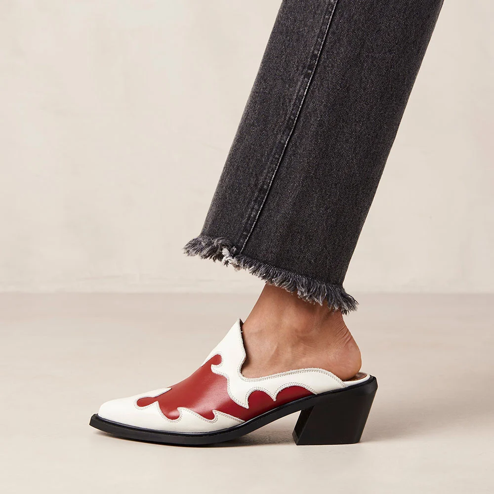  White Vegan Leather Closed Pointed Toe Red Patch-Work Mules With Chunky Heels Nicepairs