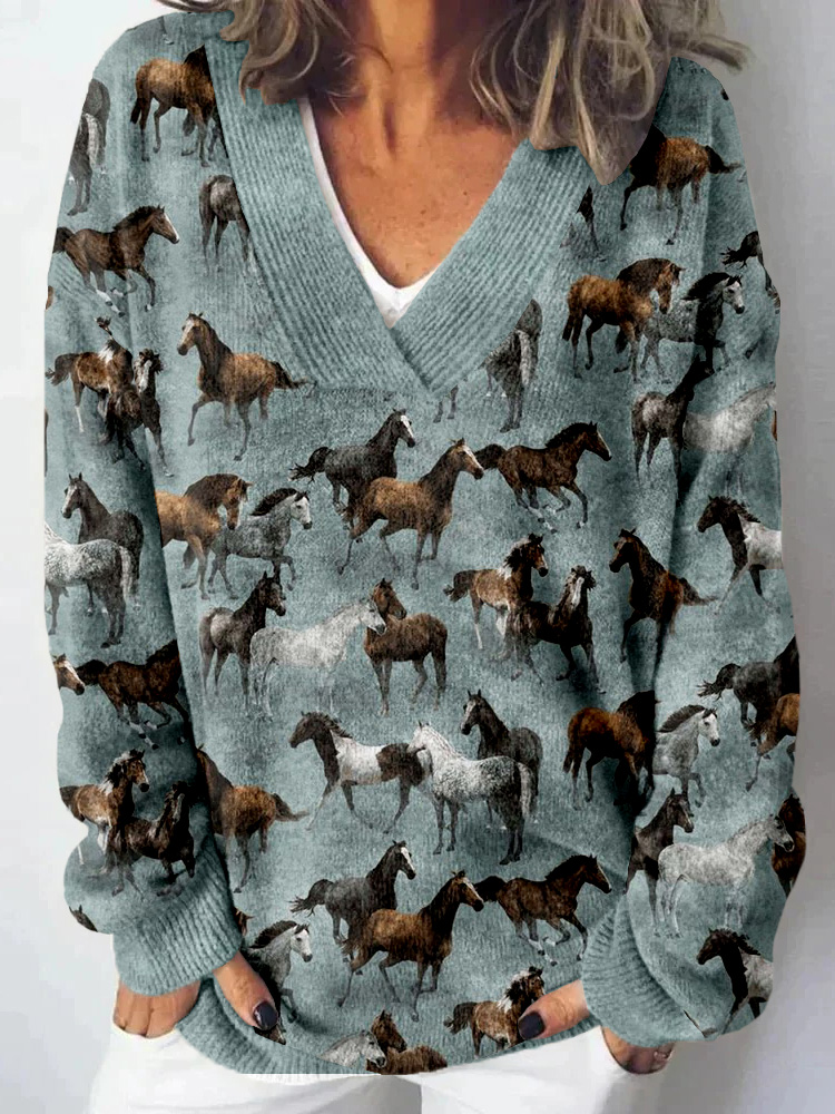 Comstylish Western Wild Horses Pattern Cozy Knit Sweater