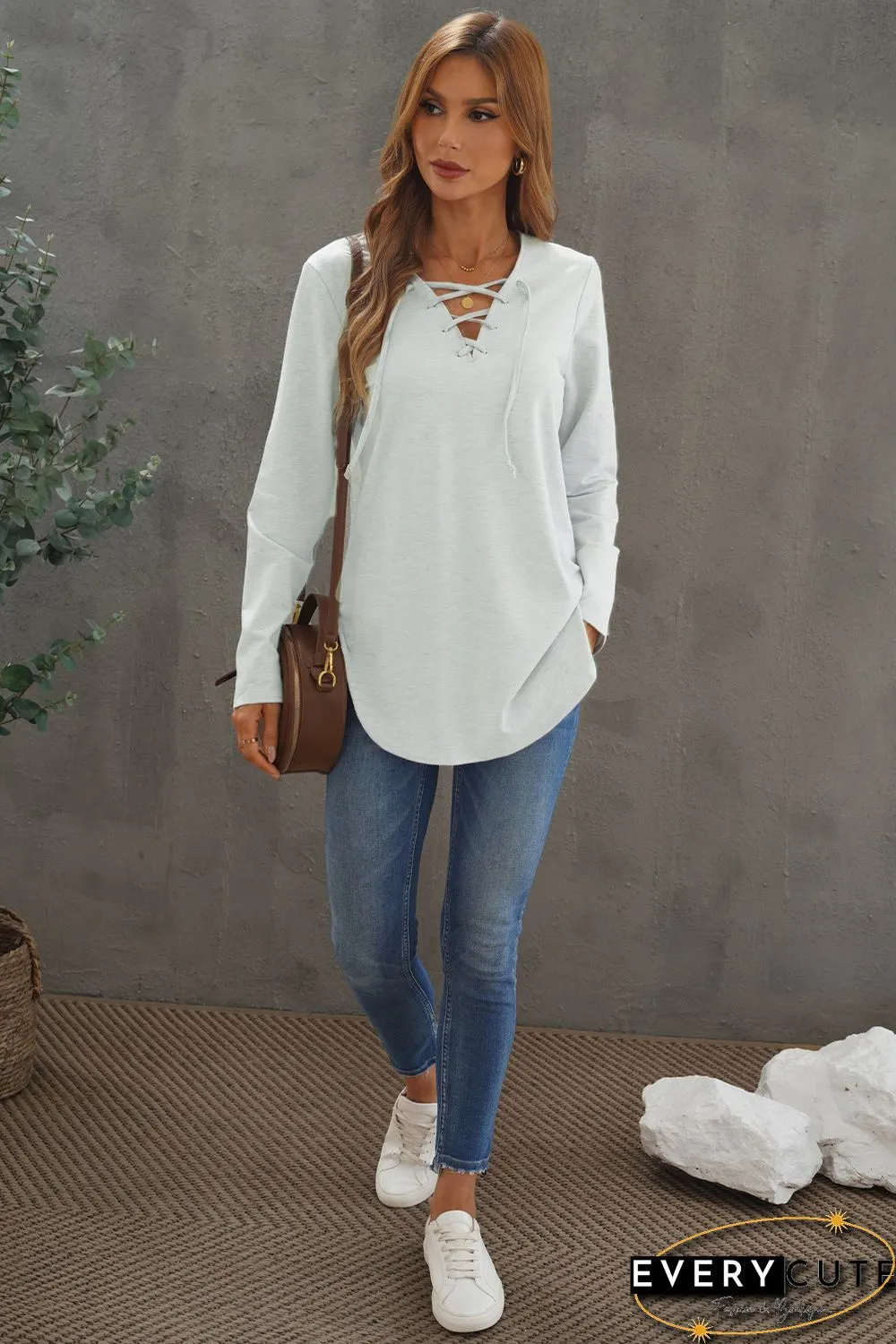 White Lace-Up V-neck Slim Fit Long Sleeve Sweatshirt