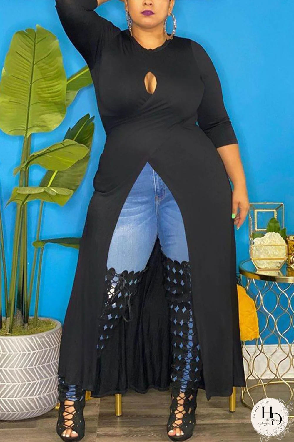 Red Sexy Solid Hollowed Out Slit O Neck Plus Size