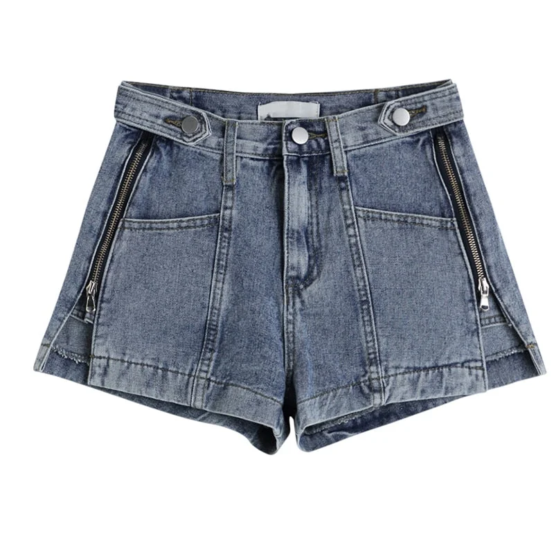 Women Denim Shorts Solid Vintage Side Zipper Spliced Design Shorts Jeans Fashion Loose Korean Style High Street Streetwear