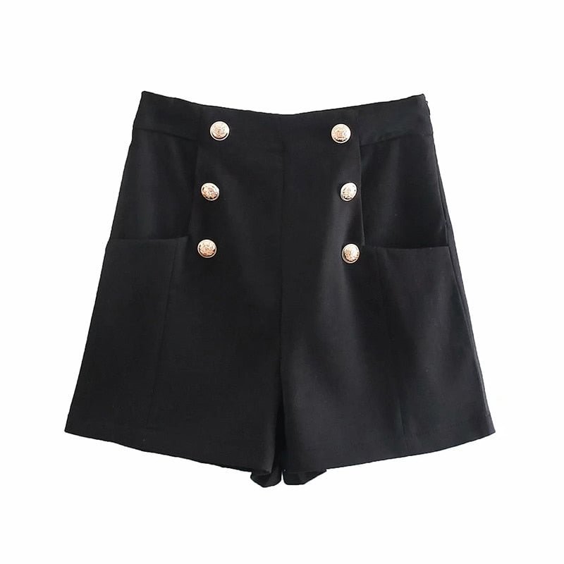KPYTOMOA Women 2021 Chic Fashion With Metal Buttoned Bermuda Shorts Vintage High Waist Side Zipper Female Short Pants Mujer