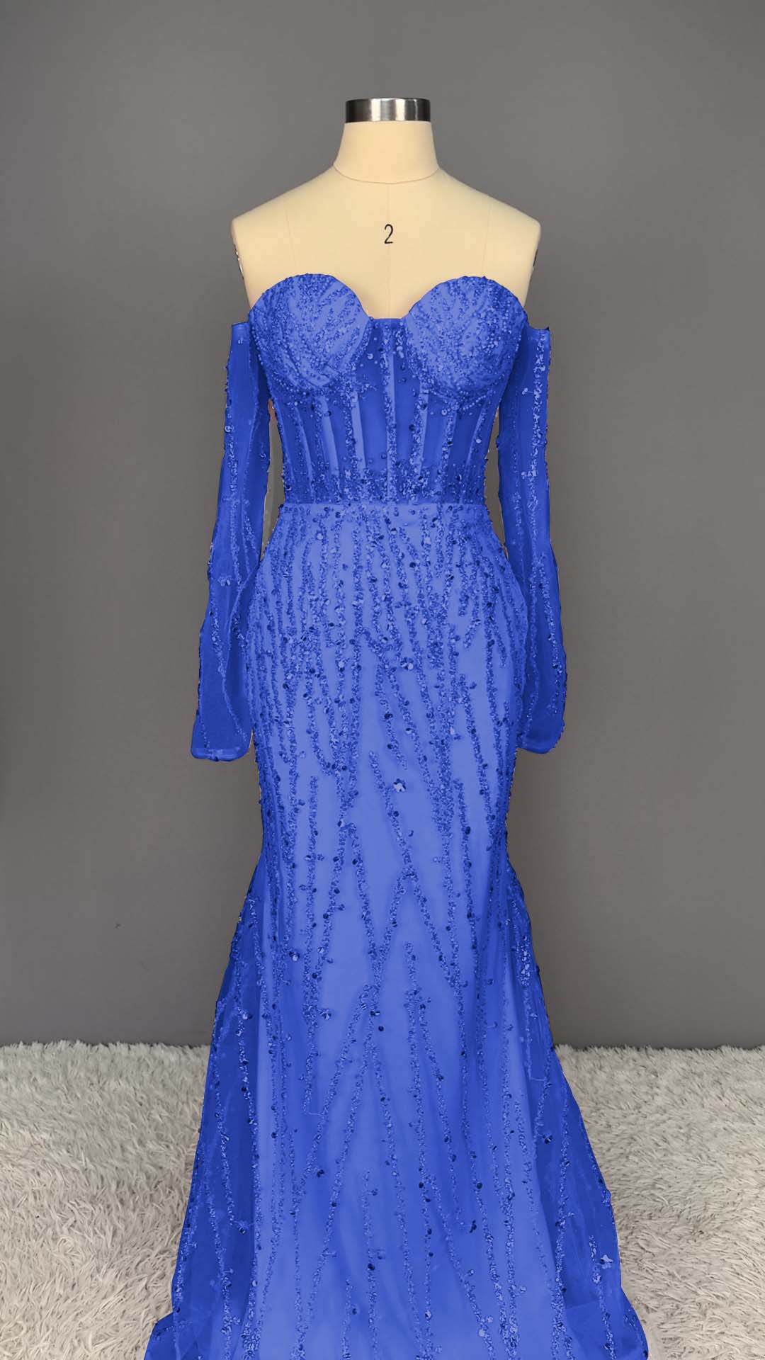 Heavy Champagne Prom Dress Sweetheart Long Sleeves Strapless Beads Mermaid Tulle YL0223