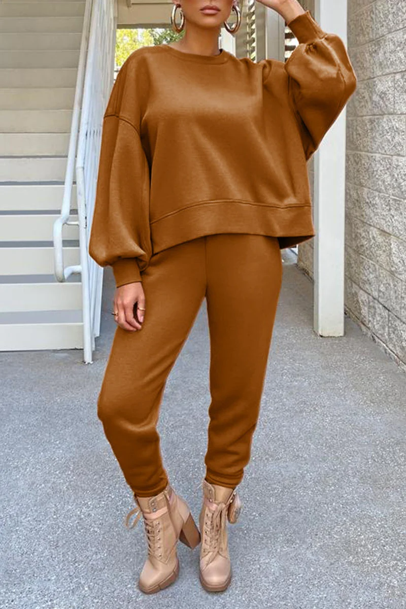 Coffee Casual Solid Patchwork O Neck Long Sleeve Two Pieces | EGEMISS