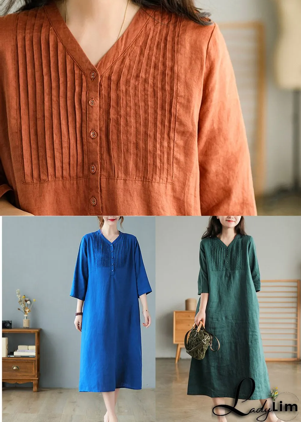 Grey Print6 Loose Linen Long Dresses Button Solid Half Sleeve