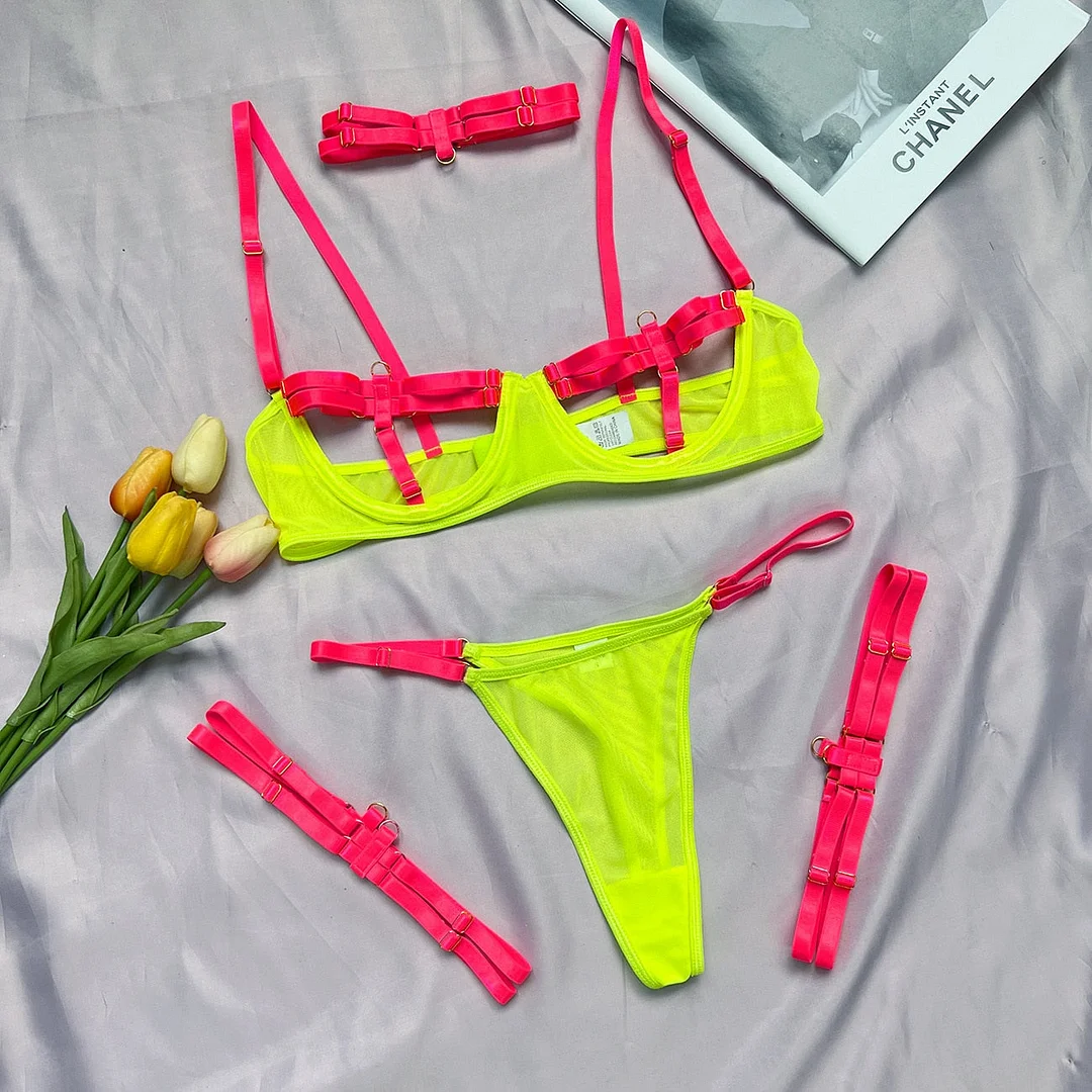 MIRABELLE Sensual Lingerie Sexy Underwear Set Hollow Out Exotic Sets Transparent Bra Patchwork Bandage 4 PcsThongs Erotic Sets