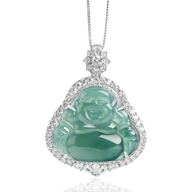 925 Sterling Silver Laughing Buddha Natural Jade Luck Abundance Necklace