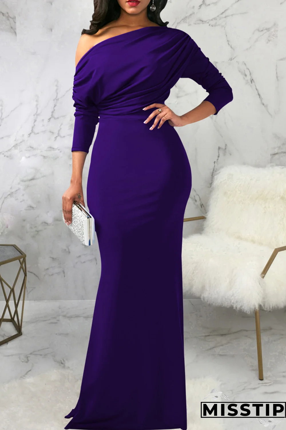 White Street Solid Patchwork One Shoulder Trumpet Mermaid Dresses