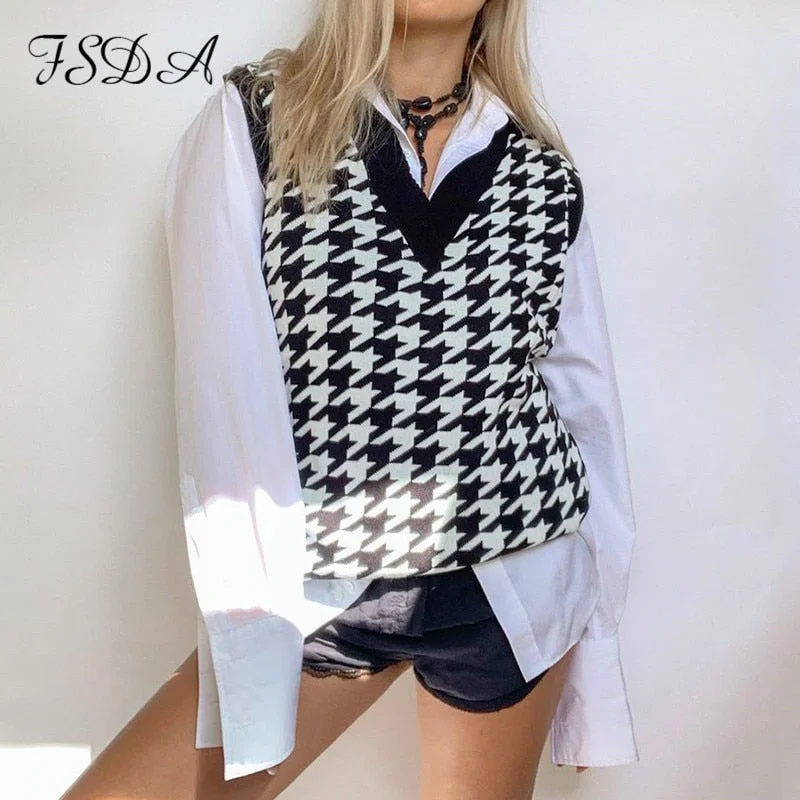 FSDA V Neck Houndstooth Vest Cardigan 2020 Black Sleeveless Sweater Women Loose 2020 Autumn Winter Knitted Casual Fashion Jumper