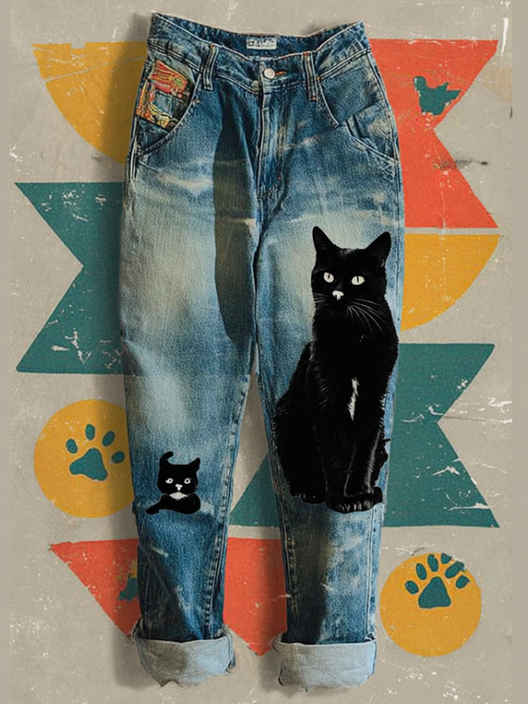 Japanese Art Style Lady Retro Cat Print Denim Jeans elevenforest