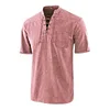 Men Gothic Retro T-Shirt Lace-up V-neck Linen Pocket Short Sleeve Tee Shirt Loose Tops