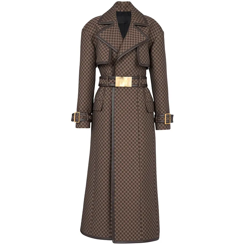 Nigikala Nigikala Autumn And Winter New Star Fashion Belt Belted Maze Pattern Lengthened Wind Coat