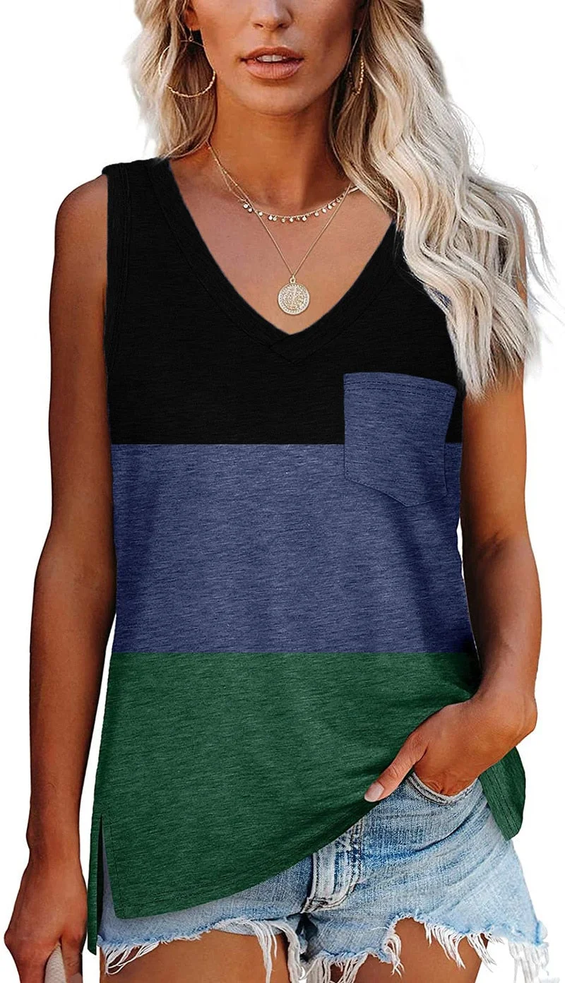 2021 New Fashion Women Sleeveless Patchwork Pocket Slim Fit Tank Tops Summer Casual Sexy V-neck Blouse Soft Homewear Vest