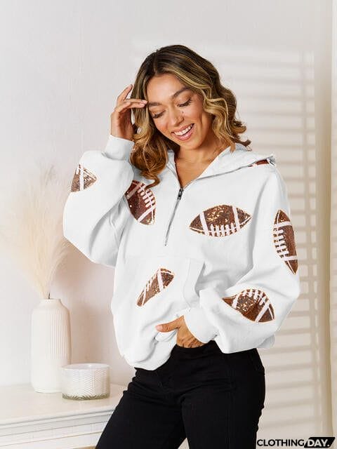 Sequin Football Patch Hal-Zip Hoodie