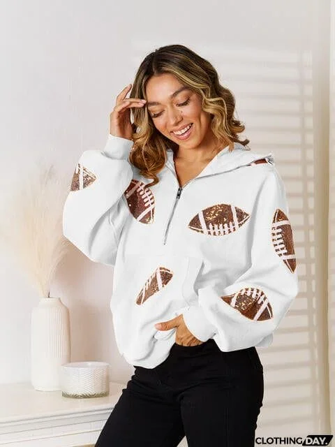 Sequin Football Patch Hal-Zip Hoodie