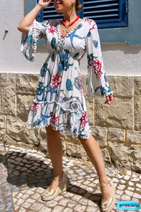 Bell Sleeve V Neck Coral Starfish Short Dress