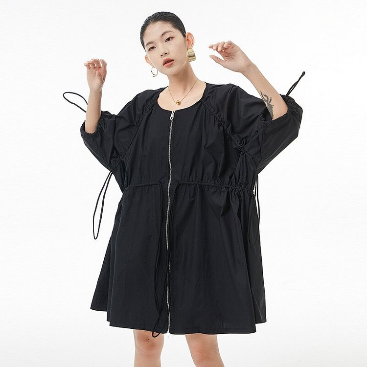 Original Solid Color O-neck Pleated Drawstring Waist Batwing Sleeve Zip-up Trench Coat Dress    