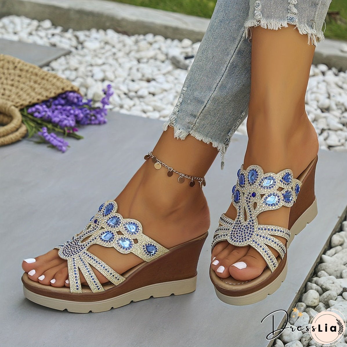Rhinestone Decor Cutout Design Platform Wedge Sandals