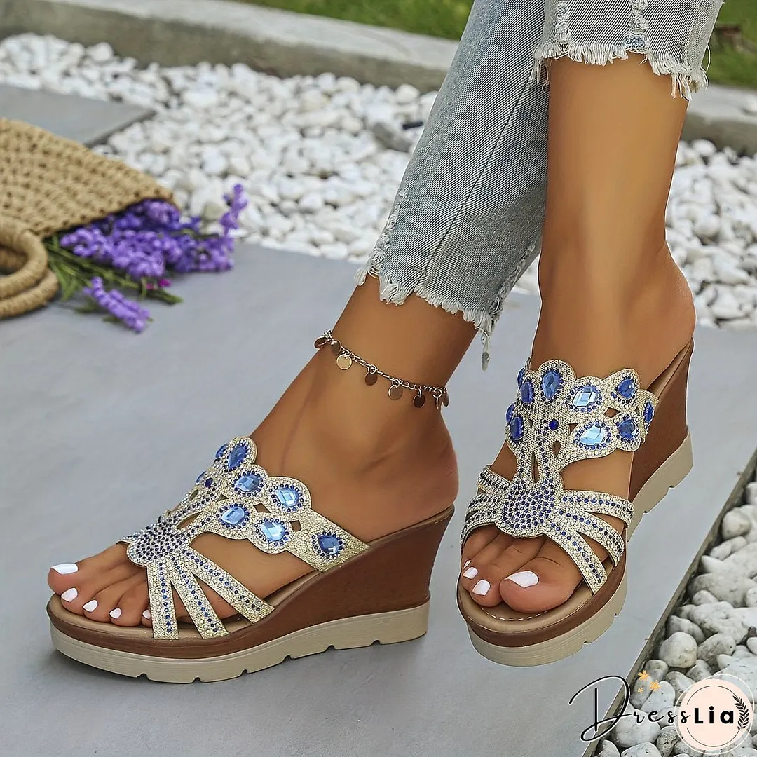 Rhinestone Decor Cutout Design Platform Wedge Sandals