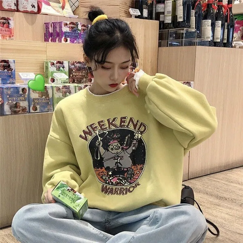 Women No Hat Hoodies Pullover Fake Two Pieces Plus Velvet Thicker Sweatshirts Printed Streetwear Harajuku Casual Loose Stylish