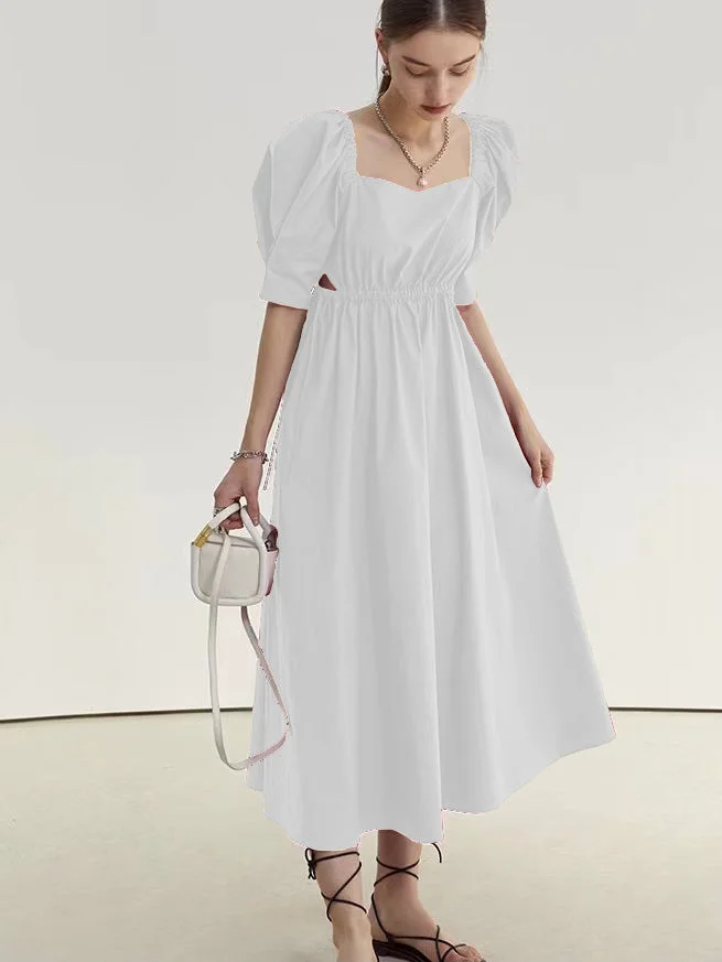 Casual Solid Color Square Collar Puff Sleeve Drawstring Dress