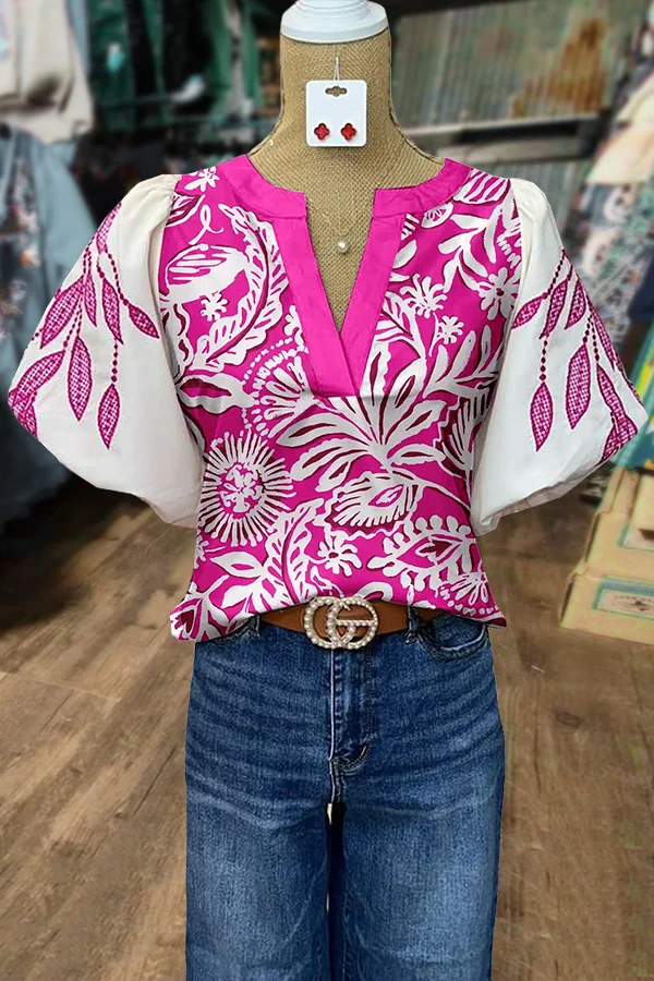 Chic Botanical Print Puff Sleeve Top