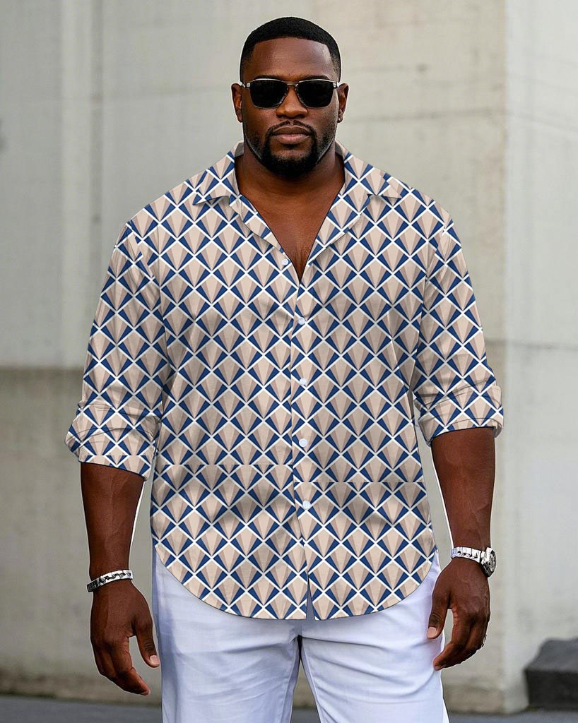 Men's Plus Size Business Geometric Full Print Long Sleeve Shirt
