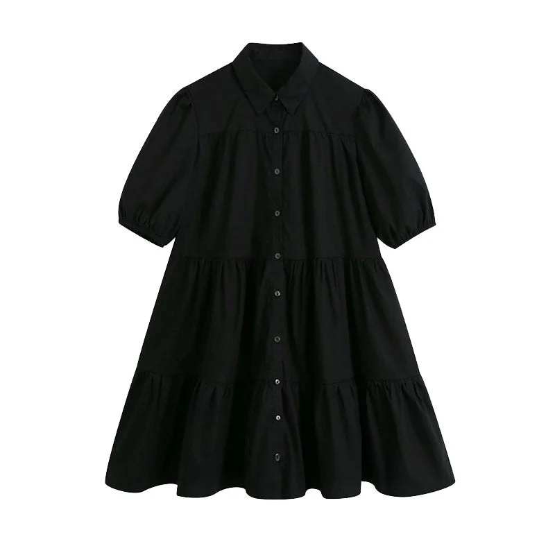 TRAF Women Chic Fashion Button-up Ruffled Mini Dress Vintage Lapel Collar Puff Sleeve Female Dresses Vestidos Mujer