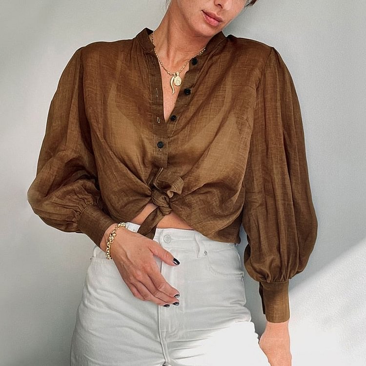 Elegant Vintage V-Neck 100% Cotton Blouse Shirts Women Puff Sleeve Button Solid Blouse Spring Lady Office Loose Tops Blusa - BlackFridayBuys