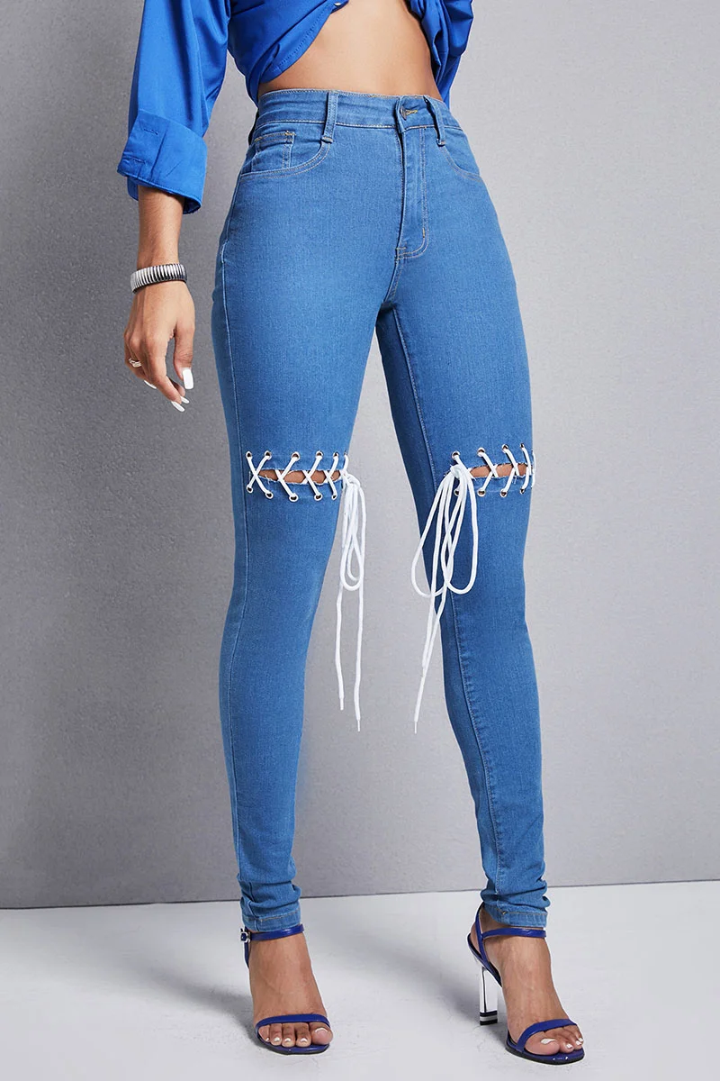 Medium Blue Street Solid Bandage Hollowed Out Split Joint High Waist Denim Jeans