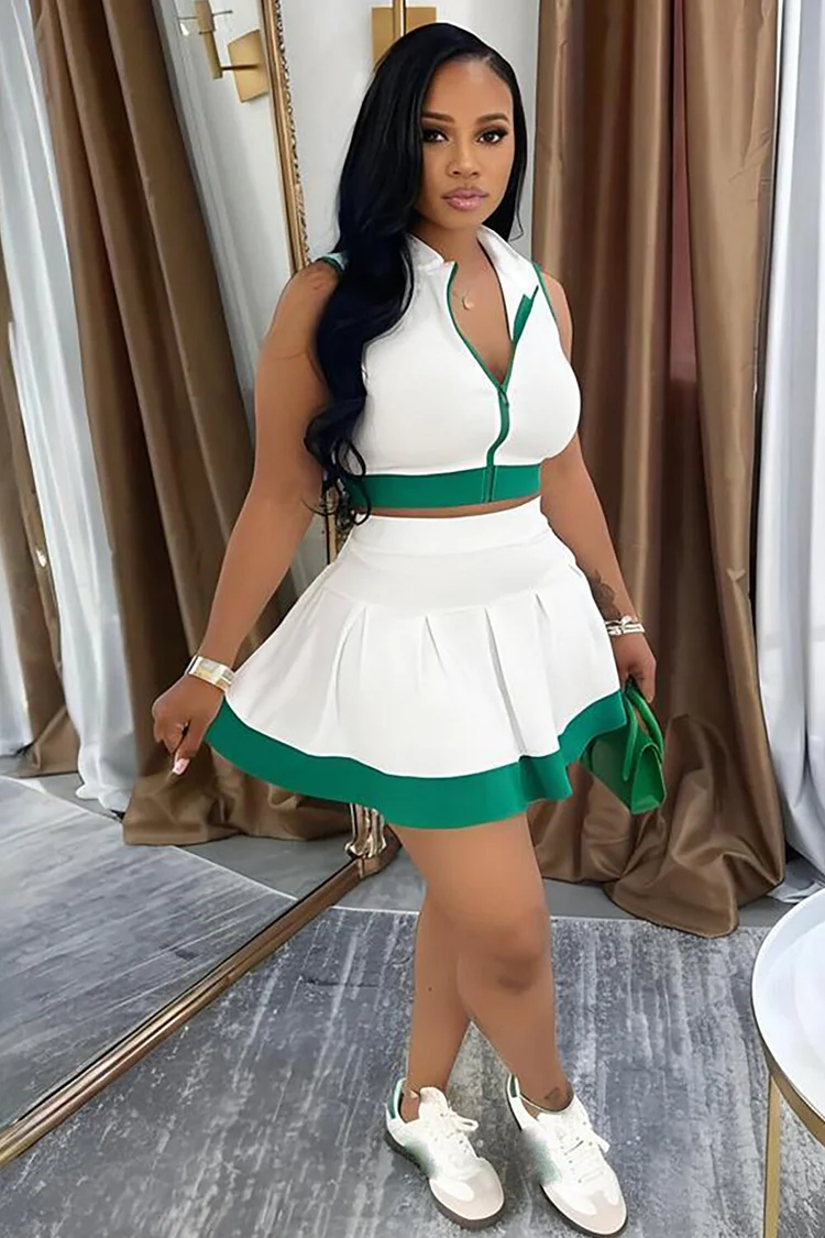 Colorblock Trim Sleeveless Crop Top A-Line Mini Skirt 2pcs Set-White