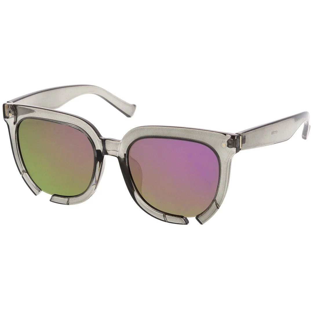 Oversize Notch Detail Square Colored Mirror Flat Lens Horn Rimmed glasses 54mm