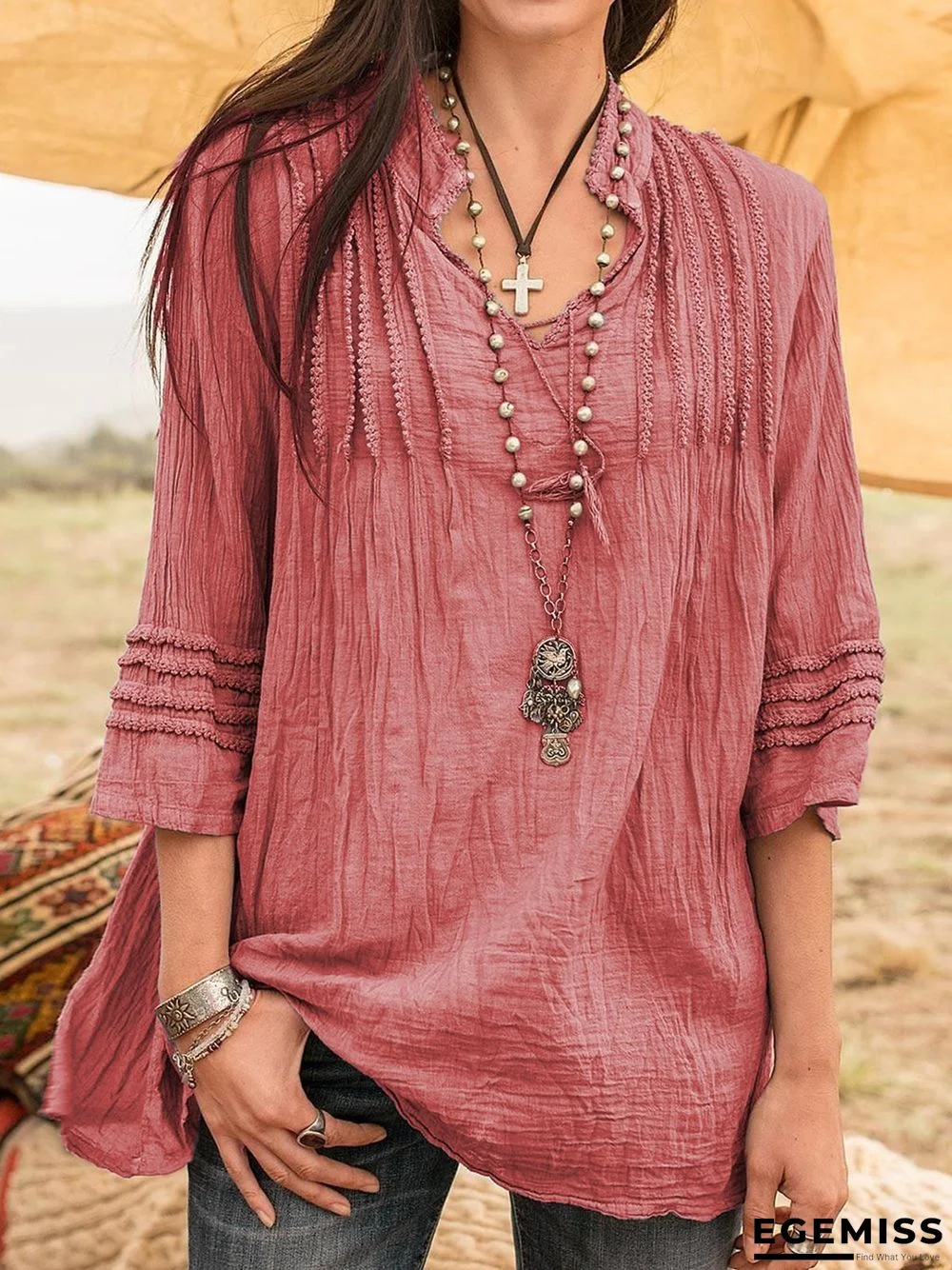 Boho Guipure Lace Shirts & Tops Linen | EGEMISS