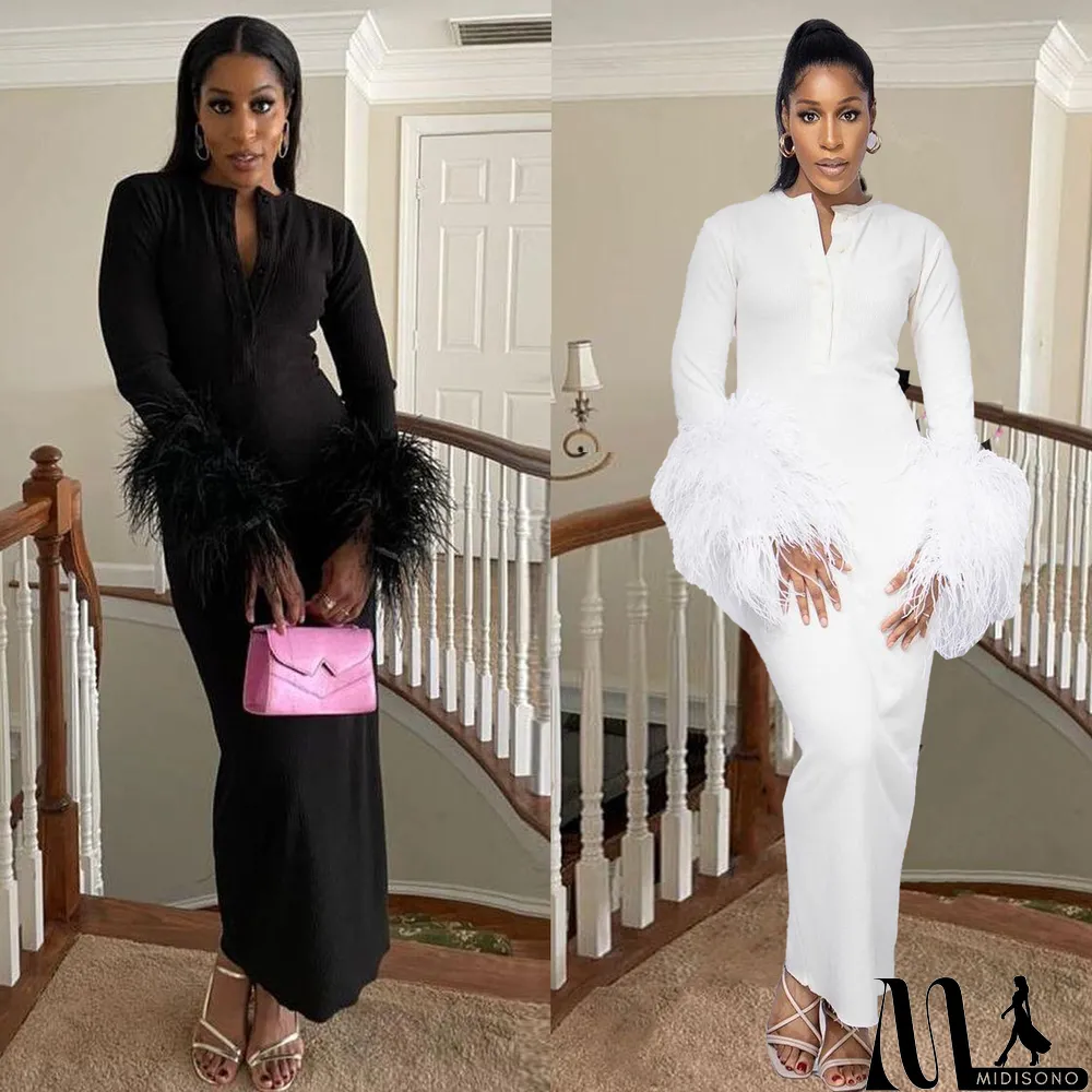 MidiSono - Plus Size Slim Fit Button Feather Long Sleeve Maxi Dress