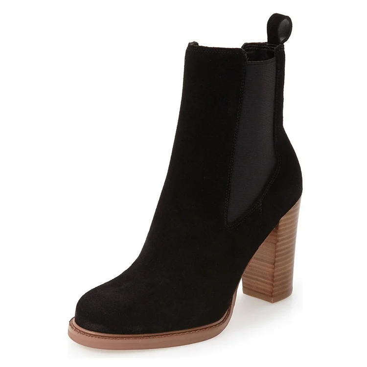 Black Women's Booties Stacked Heel Chelsea Boots with Pull Tab |FSJ Shoes
