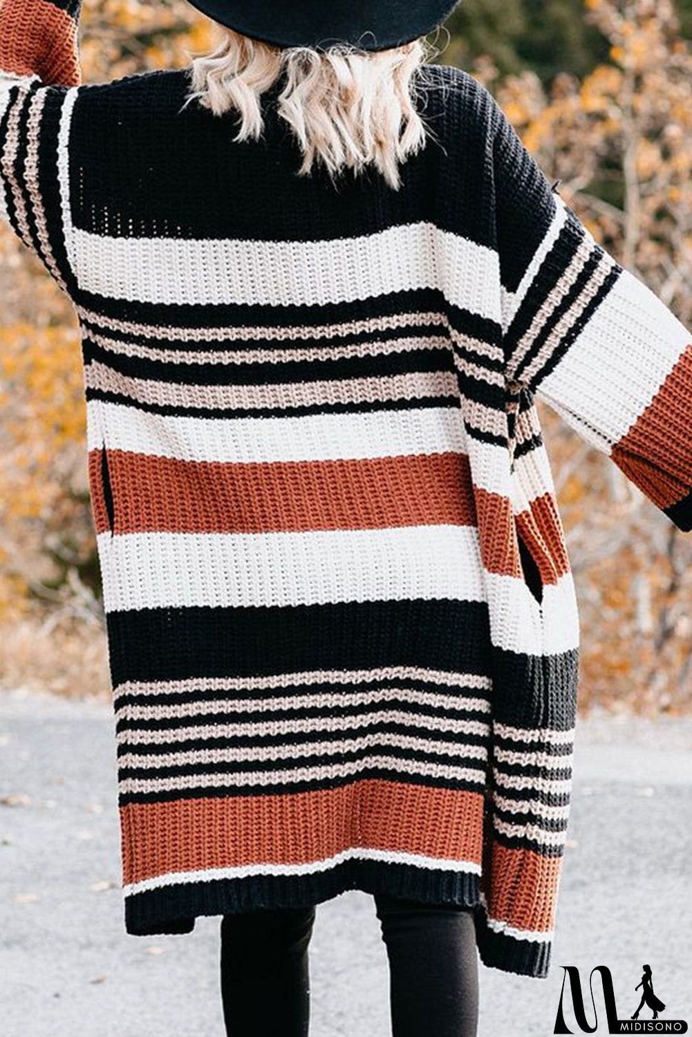 MidiSono - Pocketed Novelty Striped Chenille Cardigan