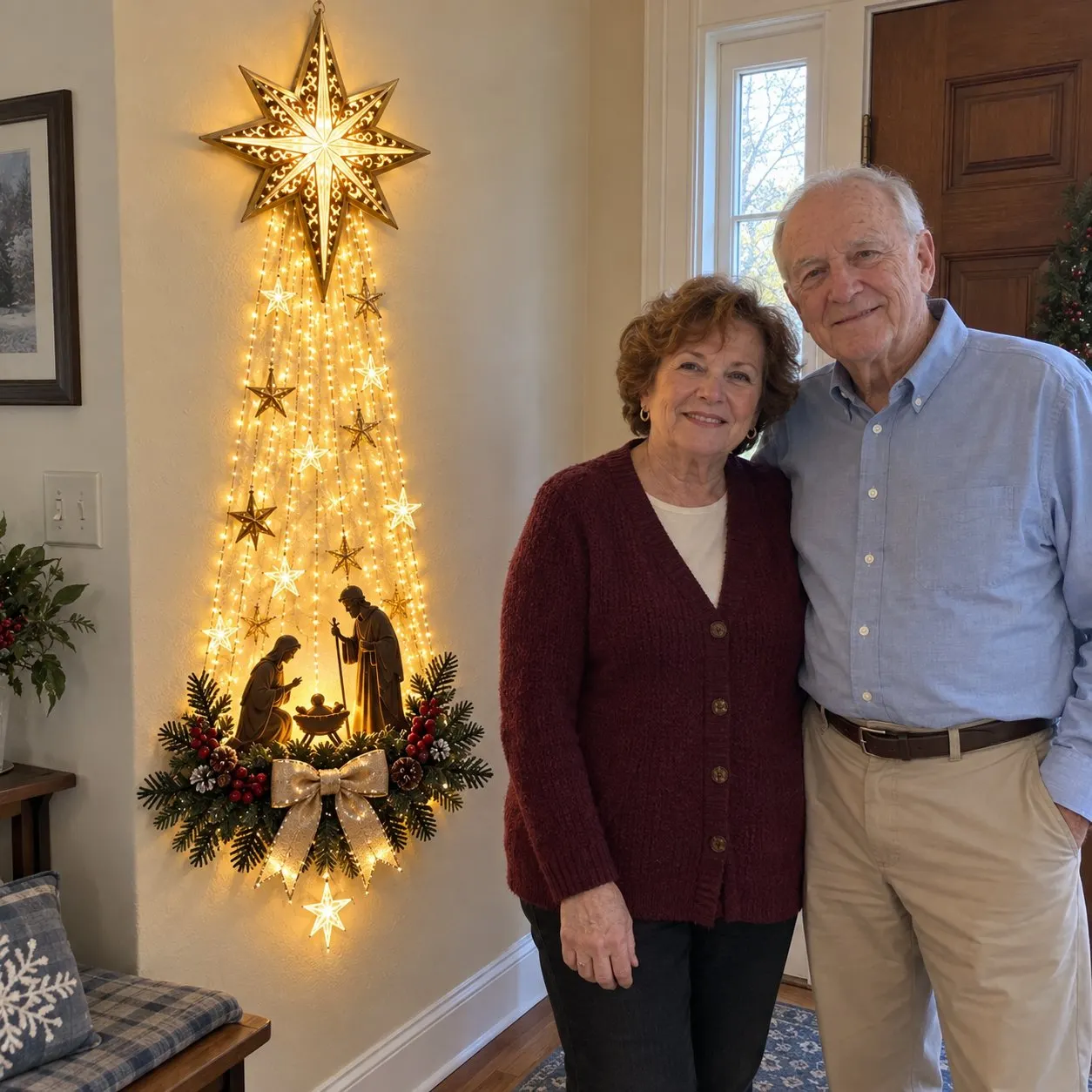 Illustrative scene of an older couple beside Bethlehem Star Nativity wall decor in their entryway Illustrative scene of an older couple beside Bethlehem Star Nativity wall decor in their entryway